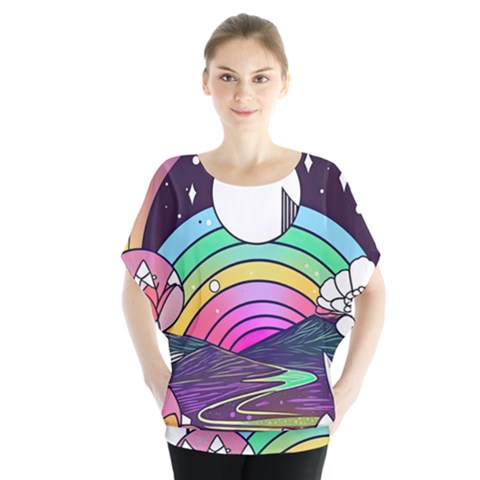 Rainbow Fun Cute Minimal Doodle Drawing Art Batwing Chiffon Blouse by Jancukart