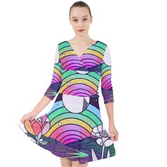 Rainbow Fun Cute Minimal Doodle Drawing Art Quarter Sleeve Front Wrap Dress