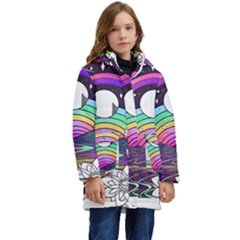 Rainbow Fun Cute Minimal Doodle Drawing Art Kid s Hooded Longline Puffer Jacket