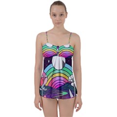 Rainbow Fun Cute Minimal Doodle Drawing Art Babydoll Tankini Set by Jancukart