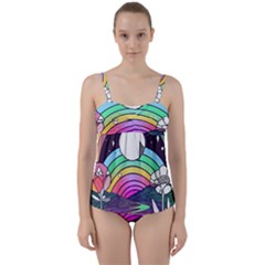 Rainbow Fun Cute Minimal Doodle Drawing Art Twist Front Tankini Set by Jancukart