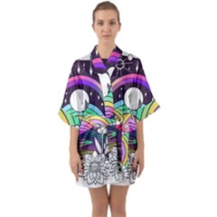 Rainbow Fun Cute Minimal Doodle Drawing Art Half Sleeve Satin Kimono 