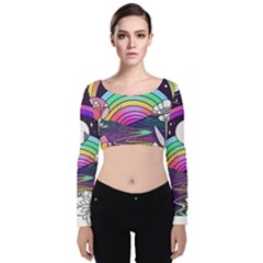 Rainbow Fun Cute Minimal Doodle Drawing Art Velvet Long Sleeve Crop Top