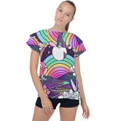 Rainbow Fun Cute Minimal Doodle Drawing Art Ruffle Collar Chiffon Blouse