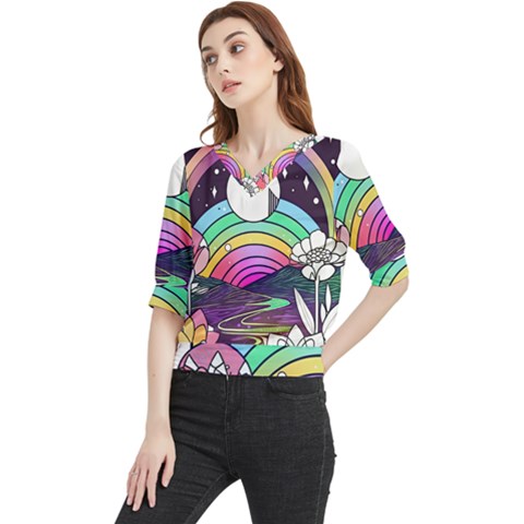 Rainbow Fun Cute Minimal Doodle Drawing Art Quarter Sleeve Blouse by Jancukart