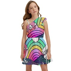 Rainbow Fun Cute Minimal Doodle Drawing Art Kids  One Shoulder Party Dress by Jancukart