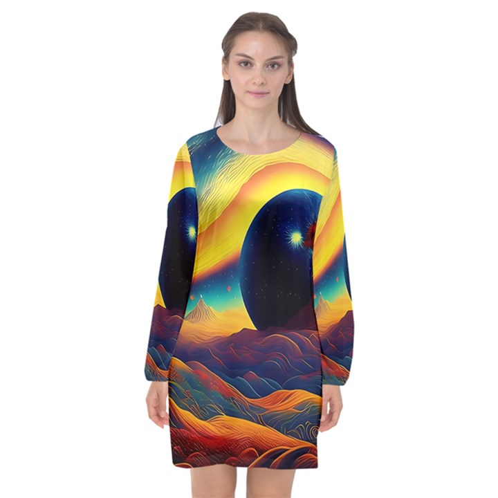 Surrealist Fantasy Dream Nature Long Sleeve Chiffon Shift Dress 