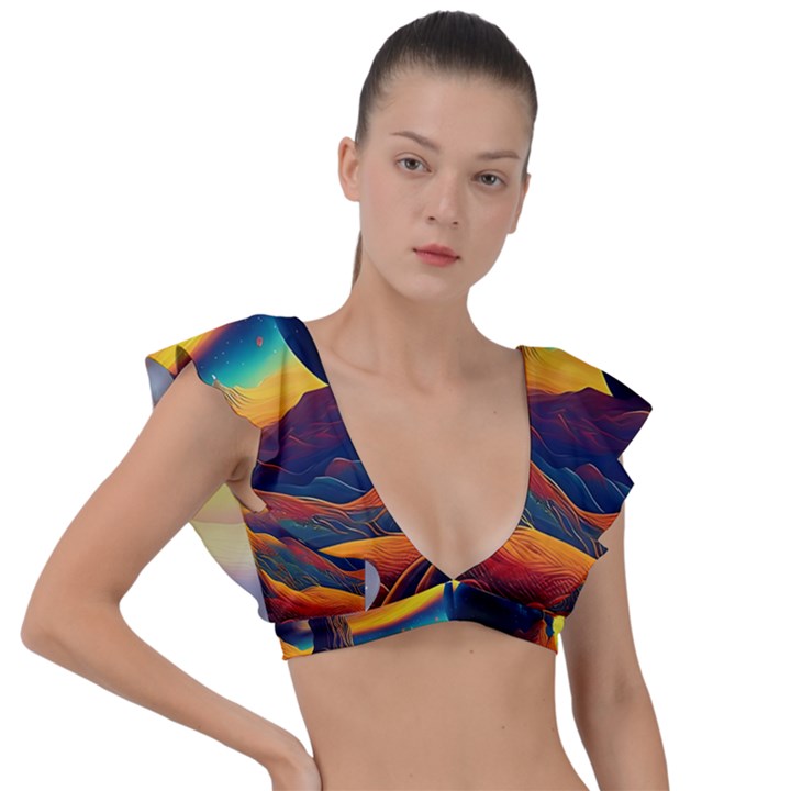 Surrealist Fantasy Dream Nature Plunge Frill Sleeve Bikini Top