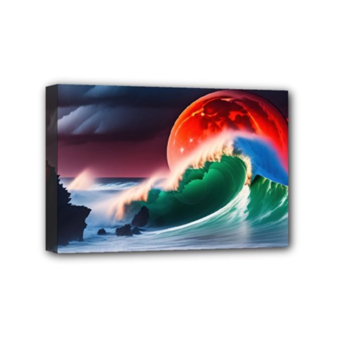 Sea Ocean Waves Rocks Sunset Artwork Mini Canvas 6  X 4  (stretched)