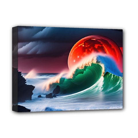 Sea Ocean Waves Rocks Sunset Artwork Deluxe Canvas 16  X 12  (stretched)  by Jancukart