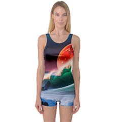 Sea Ocean Waves Rocks Sunset Artwork One Piece Boyleg Swimsuit by Jancukart