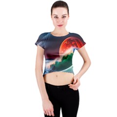 Sea Ocean Waves Rocks Sunset Artwork Crew Neck Crop Top