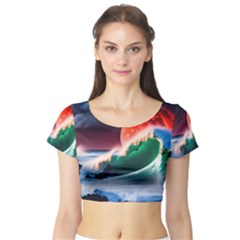 Sea Ocean Waves Rocks Sunset Artwork Short Sleeve Crop Top by Jancukart