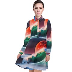 Sea Ocean Waves Rocks Sunset Artwork Long Sleeve Chiffon Shirt Dress by Jancukart