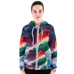 Sea Ocean Waves Rocks Sunset Artwork Women s Zipper Hoodie by Jancukart