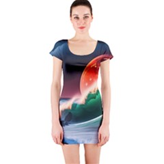 Sea Ocean Waves Rocks Sunset Artwork Short Sleeve Bodycon Dress by Jancukart