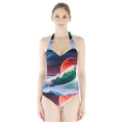 Sea Ocean Waves Rocks Sunset Artwork Halter Swimsuit by Jancukart