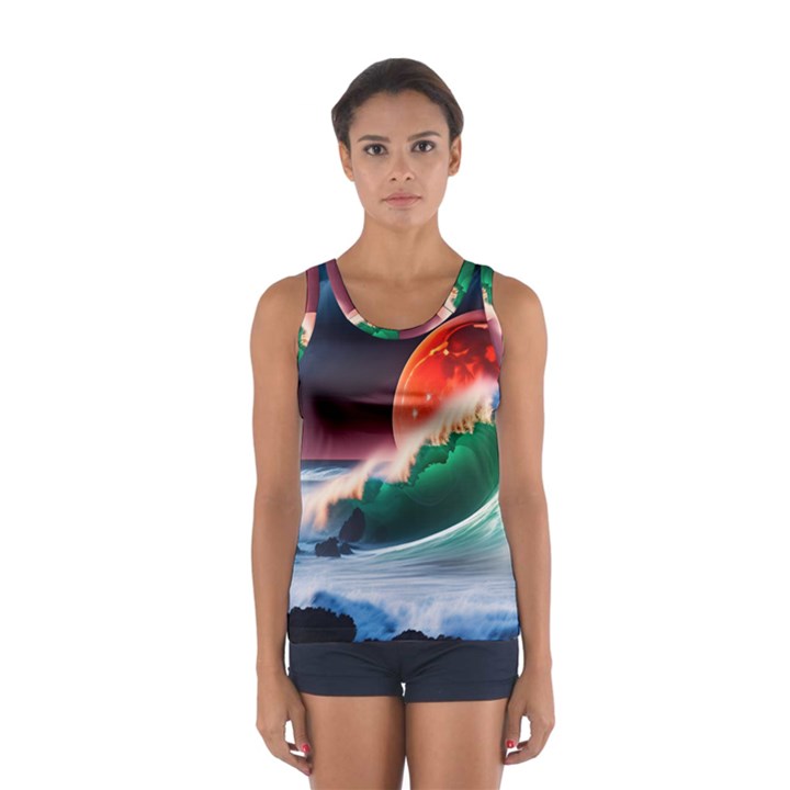 Sea Ocean Waves Rocks Sunset Artwork Sport Tank Top 