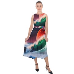 Sea Ocean Waves Rocks Sunset Artwork Midi Tie-back Chiffon Dress by Jancukart