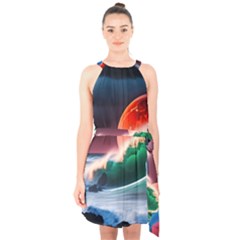 Sea Ocean Waves Rocks Sunset Artwork Halter Collar Waist Tie Chiffon Dress by Jancukart