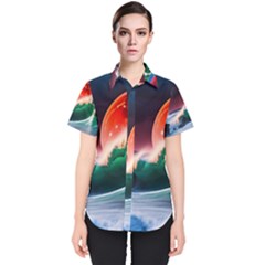 Sea Ocean Waves Rocks Sunset Artwork Women s Short Sleeve Shirt