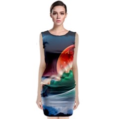 Sea Ocean Waves Rocks Sunset Artwork Sleeveless Velvet Midi Dress by Jancukart