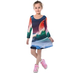 Sea Ocean Waves Rocks Sunset Artwork Kids  Long Sleeve Velvet Dress by Jancukart