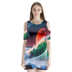 Sea Ocean Waves Rocks Sunset Artwork Shoulder Cutout Velvet One Piece