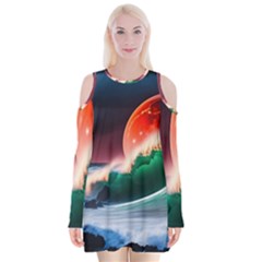 Sea Ocean Waves Rocks Sunset Artwork Velvet Long Sleeve Shoulder Cutout Dress