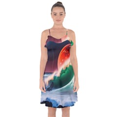 Sea Ocean Waves Rocks Sunset Artwork Ruffle Detail Chiffon Dress