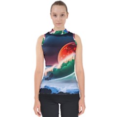 Sea Ocean Waves Rocks Sunset Artwork Mock Neck Shell Top by Jancukart