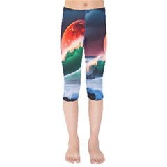 Sea Ocean Waves Rocks Sunset Artwork Kids  Capri Leggings  by Jancukart