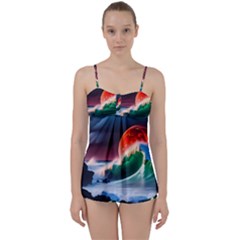 Sea Ocean Waves Rocks Sunset Artwork Babydoll Tankini Set by Jancukart