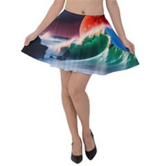 Sea Ocean Waves Rocks Sunset Artwork Velvet Skater Skirt by Jancukart