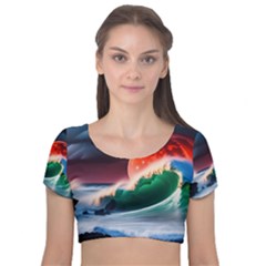 Sea Ocean Waves Rocks Sunset Artwork Velvet Short Sleeve Crop Top  by Jancukart