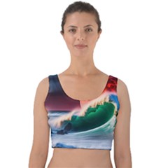 Sea Ocean Waves Rocks Sunset Artwork Velvet Crop Top