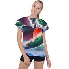 Sea Ocean Waves Rocks Sunset Artwork Ruffle Collar Chiffon Blouse