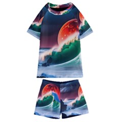 Sea Ocean Waves Rocks Sunset Artwork Kids  Swim Tee And Shorts Set by Jancukart