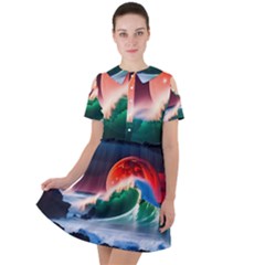 Sea Ocean Waves Rocks Sunset Artwork Short Sleeve Shoulder Cut Out Dress  by Jancukart