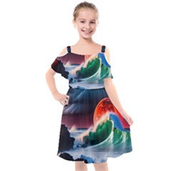 Sea Ocean Waves Rocks Sunset Artwork Kids  Cut Out Shoulders Chiffon Dress