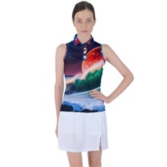 Sea Ocean Waves Rocks Sunset Artwork Women s Sleeveless Polo Tee