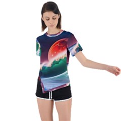 Sea Ocean Waves Rocks Sunset Artwork Asymmetrical Short Sleeve Sports Tee