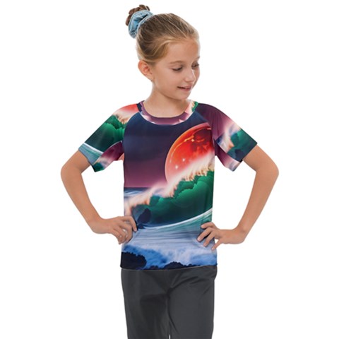 Sea Ocean Waves Rocks Sunset Artwork Kids  Mesh Piece Tee by Jancukart