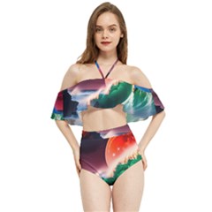 Sea Ocean Waves Rocks Sunset Artwork Halter Flowy Bikini Set 