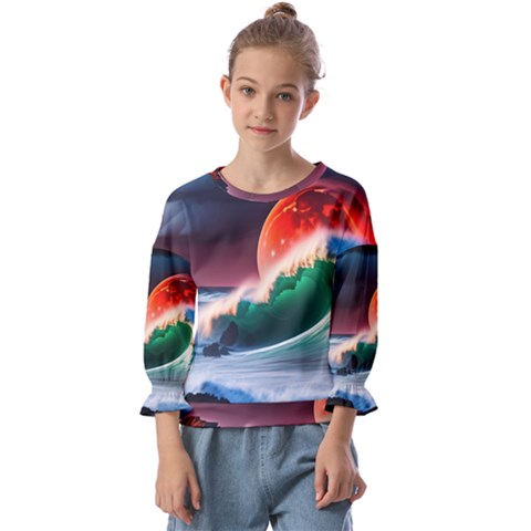 Sea Ocean Waves Rocks Sunset Artwork Kids  Cuff Sleeve Top by Jancukart