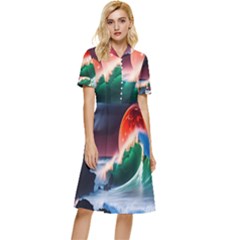 Sea Ocean Waves Rocks Sunset Artwork Button Top Knee Length Dress