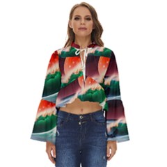 Sea Ocean Waves Rocks Sunset Artwork Boho Long Bell Sleeve Top