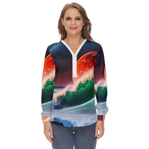 Sea Ocean Waves Rocks Sunset Artwork Zip Up Long Sleeve Blouse by Jancukart