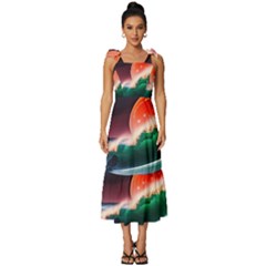 Sea Ocean Waves Rocks Sunset Artwork Tie-strap Tiered Midi Chiffon Dress