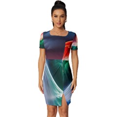 Sea Ocean Waves Rocks Sunset Artwork Fitted Knot Split End Bodycon Dress